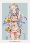  aloniar arm_up bangs bare_arms bikini blue_eyes blue_hair bow breasts cleavage frills gradient_hair long_hair looking_at_viewer maid_headdress multicolored_hair navel open_mouth original raised_eyebrows stuffed_animal stuffed_toy swimsuit wavy_hair white_hair 