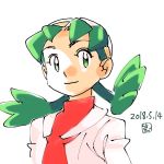  1girl 2018 closed_mouth crystal_(pokemon) dated green_eyes green_hair hat jacket muneondo open_clothes open_jacket pokemon pokemon_(game) pokemon_gsc red_shirt shirt simple_background smile solo twintails white_background white_hat white_jacket 