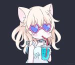  1girl animal_ears aqua_dress artist_name bangs black_background blonde_hair blush_stickers cat_ears choker cup dress drinking drinking_straw heart heart-shaped_eyewear holding holding_cup koneko_mari original simple_background solo sparkle sunglasses upper_body 