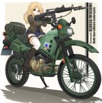  1girl black_footwear black_shorts blonde_hair blue_eyes boots brown_jacket camouflage closed_mouth emblem english girls_und_panzer ground_vehicle gun hair_intakes highres holding holding_weapon ichigotofu jacket kawasaki kawasaki_klr650 kay_(girls_und_panzer) knee_boots long_hair long_sleeves machine_gun military military_uniform motor_vehicle motorcycle pouch riding saunders_(emblem) saunders_military_uniform shorts sitting smirk solo thigh-highs thigh_strap trigger_discipline uniform v-shaped_eyebrows weapon weapon_request white_legwear zipper 