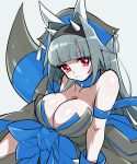  1girl armband bangs bare_shoulders black_hairband blue_collar blunt_bangs breasts cleavage closed_mouth collar collarbone eyebrows_visible_through_hair eyelashes frown gen_4_pokemon grey_hair hair_intakes hairband highres horns huge_breasts momoshiro personification pokemon rampardos red_eyes simple_background solo spiked_collar spikes tail tassel white_background 