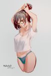  1girl adjusting_hair arms_up artist_name black-framed_eyewear blue_panties breasts brown_eyes brown_hair casual collarbone cowboy_shot dated glasses hair_ornament hair_stick light_smile looking_at_viewer medium_breasts mei_(overwatch) mouth_hold navel overwatch panties shirt short_hair short_sleeves signature simple_background snowflake_hair_ornament solo tying_hair underwear white_background white_shirt wudi_sao_nian 