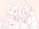  2girls animal_ears bell bow cat_ears cat_tail closed_eyes d0o00o0b elise_(fire_emblem_if) fire_emblem fire_emblem_heroes fire_emblem_if fur_trim gloves hair_bow hand_holding headband long_hair monochrome multiple_girls open_mouth pink_background rabbit_ears sakura_(fire_emblem_if) short_hair simple_background smile tail twintails 