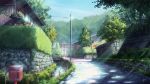  artist_name bridge bush day fence flower highres house niko_p no_humans original postbox_(outgoing_mail) power_lines road scenery signature sky telephone_pole torii town tree water 