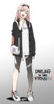  1girl absurdres bag darling_in_the_franxx green_eyes hair_ornament highres jacket long_hair one_eye_closed oni_horns open_mouth pink_hair shoes simple_background sneakers solo tarou2 torn_clothes zero_two_(darling_in_the_franxx) 