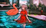  1girl bangs bed bottle building city clouds dress frown grey_hair highres indoors inflatable_toy lm7_(op-center) looking_at_viewer open_door original plant pool potted_plant red_dress red_eyes sky skyscraper solo solo_focus twintails wavy_hair wet wet_clothes 