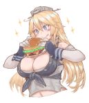  1girl az_toride blonde_hair blue_eyes breasts elbow_gloves fingerless_gloves food front-tie_top gloves hamburger iowa_(kantai_collection) kantai_collection large_breasts simple_background solo star star-shaped_pupils symbol-shaped_pupils tongue tongue_out upper_body white_background 