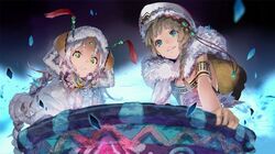  1boy 1girl atelier_(series) atelier_sophie atomina blonde_hair blue_eyes cauldron coat fur_trim game_cg green_eyes looking_back meklet noco_(adamas) official_art short_hair smile 