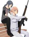  2girls 3f1n92k0 bench blue_hair gun holding holding_gun holding_weapon multiple_girls orange_hair original ponytail sitting track_suit tying_hair weapon weapon_request white_background 