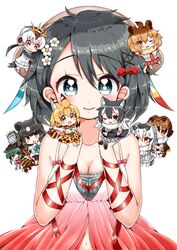  6+girls animal_ears black_hair blue_eyes blush bow breasts brown_bear_(kemono_friends) brown_eyes brown_hair chibi cleavage closed_mouth collarbone dress eurasian_eagle_owl_(kemono_friends) eyebrows_visible_through_hair green_eyes green_hair grey_wolf_(kemono_friends) hair_bow hair_ornament highres kanjitomiko kemono_friends large_breasts lion_(kemono_friends) lion_ears lion_tail long_hair looking_at_viewer multicolored_hair multiple_girls navel necktie northern_white-faced_owl_(kemono_friends) one_eye_closed open_mouth orange_hair pink_hair raccoon_ears red_bow red_dress red_neckwear red_ribbon ribbon royal_penguin_(kemono_friends) serval_(kemono_friends) serval_ears serval_tail short_hair smile tail tsuchinoko_(kemono_friends) twintails upper_body white_hair wolf_ears wolf_tail x_hair_ornament 