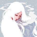  1girl akairiot breath closed_eyes eyelashes fog fur_coat grey_background looking_down original parted_lips snow snowing solo white_hair winter 