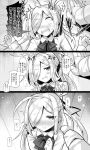  /\/\/\ 1girl :d ahoge ai_takurou anger_vein angry asashimo_(kantai_collection) blush bow bowtie collared_shirt comic commentary constricted_pupils crying crying_with_eyes_open dress eyebrows_visible_through_hair fangs flying_sweatdrops gloves greyscale hair_over_one_eye kantai_collection long_hair long_sleeves monochrome open_mouth shirt sleeveless sleeveless_dress smile speech_bubble sweat tears translation_request trembling upper_body wall_slam wooden_wall 