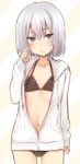  1girl arm_at_side black_bra black_panties blush bra closed_mouth commentary copyright_request cowboy_shot embarrassed flat_chest gluteal_fold grey_eyes grey_hair hand_up hood hood_down hoodie long_sleeves looking_at_viewer nagami_yuu open_clothes open_hoodie panties short_hair solo standing underwear unzipped white_hoodie 