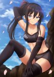  1girl arm_up bangs bare_shoulders black_bra black_gloves black_hair black_legwear blue_eyes blue_sky bra breasts cleavage clouds collarbone commentary day elbow_gloves eyebrows_visible_through_hair facial_tattoo gloves grey_shorts hair_between_eyes high_ponytail highres kazenokaze long_hair looking_at_viewer medium_breasts outdoors parted_lips petals pitohui_(sao) ponytail short_shorts shorts sitting sky solo sports_bra sword_art_online sword_art_online_alternative:_gun_gale_online tattoo thigh-highs underwear 