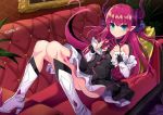  1girl absurdres ass bangs black_dress blue_eyes boots closed_mouth commentary_request couch curled_horns detached_sleeves dragon_girl dragon_horns dragon_tail dress elizabeth_bathory_(fate) elizabeth_bathory_(fate)_(all) eyebrows_visible_through_hair fate/extra fate/extra_ccc fate_(series) hair_between_eyes hair_ribbon hands_up high_heel_boots high_heels highres horns indoors knee_boots long_hair long_sleeves lying makise_medaka on_back on_couch picture_frame pink_hair purple_ribbon ribbon smile solo spiked_boots spikes steepled_fingers tail two_side_up very_long_hair white_footwear 