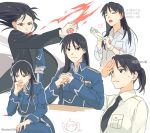  1boy 1girl =3 amestris_military_uniform antenna_hair arms_up black_coat black_eyes black_hair braid closed_eyes coat dirty dirty_face edward_elric elbows_on_table expressionless eyebrows_visible_through_hair fire floating_hair frown fullmetal_alchemist genderswap genderswap_(mtf) gloves grey_shirt hand_on_own_chin hands_together image_sample ing-eo_(polaris599) interlocked_fingers korean legs_crossed light_smile long_hair long_sleeves looking_away looking_up middle_finger military military_uniform necktie no_mouth no_nose open_mouth ponytail roy_mustang salute shirt simple_background sweatdrop translation_request twitter_sample twitter_username uniform upper_body white_background white_shirt 