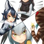  4girls :d bangs black_hair blue_eyes commentary_request crossed_arms emphasis_lines eyebrows_visible_through_hair fur_collar glint gloves green_eyes grey_gloves grey_hair grey_wolf_(kemono_friends) hair_between_eyes head_tilt heterochromia holding_coin japari_coin kemono_friends looking_at_viewer lowres moose_(kemono_friends) multicolored_hair multiple_girls open_mouth pencil shoebill_(kemono_friends) simple_background smile streaked_hair striped_hoodie tsuchinoko_(kemono_friends) two-tone_hair welt_(kinsei_koutenkyoku) white_background white_hair yellow_eyes 