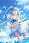  1girl :d blue_eyes blue_hair blue_sky buji clouds collarbone dress dutch_angle floating_hair hair_between_eyes hair_ribbon hatsune_miku highres long_hair open_mouth outdoors ribbon see-through shiny shiny_hair sky sleeveless sleeveless_dress smile solo sundress twintails very_long_hair vocaloid wading water white_dress white_ribbon 