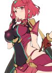  1boy 1girl bangs blush breasts covered_navel earrings eyebrows_visible_through_hair fingerless_gloves gloves haoni hips pyra_(xenoblade) jewelry large_breasts looking_at_viewer parted_lips poking red_eyes redhead rex_(xenoblade_2) short_hair short_shorts shorts simple_background skindentation sweatdrop swept_bangs tiara vambraces white_background xenoblade_(series) xenoblade_2 