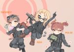  3girls :p absurdres alisa_(girls_und_panzer) antyobi0720 arm_up ash_(rainbow_six_siege) backpack bag bandage bangs black_footwear black_gloves black_jacket black_pants black_vest blonde_hair blue_eyes boots brown_eyes brown_footwear brown_hair character_name chewing_gum chibi commentary_request fbi freckles girls_und_panzer gloves glowing glowing_eyes goggles goggles_on_head grin gun hair_intakes hair_ornament highres holding holding_weapon jacket jumping kay_(girls_und_panzer) knee_pads laser_sight long_hair long_sleeves looking_at_viewer multiple_girls naomi_(girls_und_panzer) pants pink_background pointing pointing_up pouch pulse_(rainbow_six_siege) radio rainbow_six_siege short_hair short_twintails sleeves_rolled_up smile standing standing_on_one_leg star star_hair_ornament submachine_gun sunglasses swat thermite_(rainbow_six_siege) tongue tongue_out twintails very_short_hair vest weapon 