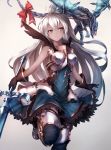  1girl bow breastplate dark_skin dragon gloves gradient gradient_background granblue_fantasy greaves highres inaba_sunimi long_hair orange_eyes red_bow shoulder_pads simple_background skirt smile solo standing standing_on_one_leg sword very_long_hair weapon white_background white_hair zooey_(granblue_fantasy) 