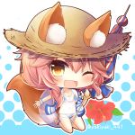  1girl ;d animal_ears bangle bikini blue_bikini blush bracelet breasts brown_eyes chibi cleavage collarbone commentary_request ears_through_headwear fang fate/extra fate/grand_order fate_(series) flower fox_ears fox_girl fox_tail halftone halftone_background hat holding holding_umbrella jewelry long_hair medium_breasts one_eye_closed open_mouth parasol pink_hair red_flower scrunchie see-through short_sleeves smile solo straw_hat swimsuit tail tail_raised tamamo_(fate)_(all) tamamo_no_mae_(swimsuit_lancer)_(fate) twitter_username umbrella white_scrunchie wrist_scrunchie yukiyuki_441 