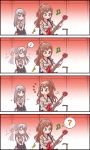  2girls 4koma ? bang_dream! bangs black_eyes black_skirt brown_eyes brown_hair center_frills closed_eyes comic commentary_request dancing electric_guitar grey_hair grey_sweater guitar guitar_stand half_updo hands_on_lap highres holding holding_instrument imai_lisa indoors instrument jewelry kyou_(user_gpks5753) long_hair long_sleeves looking_back minato_yukina multiple_girls music musical_note neck_ribbon notice_lines off-shoulder_sweater pendant playing_instrument ribbed_sweater ribbon silent_comic sitting skirt spoken_musical_note spoken_question_mark stool sweater white_neckwear 