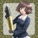  1girl akiyama_yukari bangs black_gloves blue_jacket brown_eyes brown_hair camouflage_background commentary eyebrows_visible_through_hair girls_und_panzer gloves green_shirt holding jacket long_sleeves looking_at_viewer messy_hair military military_uniform nakahira_guy ooarai_military_uniform open_mouth pleated_skirt rounded_corners shirt short_hair skirt smile solo standing tank_shell uniform upper_body white_skirt 