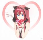  1girl 2018 bangs bare_shoulders blue_eyes bracelet chocolate chocolate_heart closed_mouth eyebrows_visible_through_hair eyelashes gogo_(detteiu_de) hair_between_eyes hands_up happy_valentine heart highres holding hood jewelry kairi_(kingdom_hearts) kingdom_hearts kingdom_hearts_iii medium_hair redhead signature sleeveless smile solo upper_body valentine white_background 