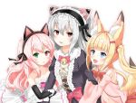  3girls animal_ears arm_hug bare_shoulders bell black_dress blonde_hair blue_eyes cat_ears character_request detached_sleeves dress empty_eyes fake_animal_ears fangs fox_ears fox_tail geso_(nekomachi) gloves hair_ornament hairband hairclip heterochromia jingle_bell kemomimi_oukoku_kokuei_housou long_hair mikoko_(kemomimi_oukoku_kokuei_housou) multiple_girls navel nora_cat nora_cat_channel oddai open_clothes open_mouth open_shirt pink_hair pink_shirt red_eyes red_skirt shirt silver_hair skirt smile strapless strapless_dress tail twintails upper_body white_dress white_gloves 