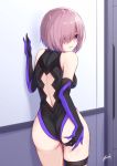  1girl absurdres arm_up ass backless_outfit bangs bare_shoulders bee_doushi black_gloves black_leotard blush breasts commentary_request elbow_gloves eyebrows_visible_through_hair fate/grand_order fate_(series) gloves hair_over_one_eye hand_on_own_ass highres indoors large_breasts leotard looking_at_viewer looking_back mash_kyrielight open_mouth pink_hair signature solo thigh_strap violet_eyes 