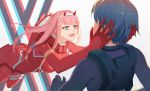  1boy 1girl bangs black_bodysuit black_hair bodysuit breasts commentary couple darling_in_the_franxx eyebrows_visible_through_hair fangs floating floating_hair fringe gloves green_eyes grey_gloves hair_ornament hairband hand_on_another&#039;s_face hand_on_another&#039;s_head hetero hiro_(darling_in_the_franxx) horns long_hair looking_at_another mu0832 oni_horns pilot_suit pink_hair red_bodysuit red_gloves red_horns short_hair white_hairband zero_two_(darling_in_the_franxx) 