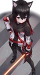  1girl animal_ears arknights black_hair black_legwear commentary_request energy_sword from_above hair_between_eyes hand_on_hip holding holding_weapon jacket kfr long_hair pantyhose shoes shorts sneakers solo sword texas_(arknights) weapon 