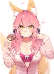  1girl animal_ears bangs blush bra breasts cleavage collarbone doughnut enosan eyebrows_visible_through_hair fate/extra fate_(series) food fox_ears fox_tail hair_between_eyes hand_gesture highres hood hoodie jacket jewelry large_breasts licking_lips long_hair looking_at_viewer necklace pink_bra pink_hair pink_jacket sidelocks simple_background smile solo sparkle striped_jacket tail tamamo_(fate)_(all) tamamo_no_mae_(fate) tongue tongue_out v white_background yellow_eyes zipper zipper_pull_tab 