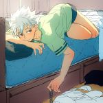  1boy baseball_cap black_hat chain_necklace closed_mouth clothes_on_floor green_shirt hat king_of_prism_by_prettyrhythm looking_to_the_side male_focus nishina_kazuki on_bed pajamas pretty_rhythm red_eyes shirt smile spiky_hair tan white_hair white_shirt 