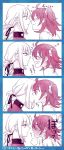  2girls ? ahoge bangs blush braid closed_eyes commentary_request facing_another fate/grand_order fate_(series) florence_nightingale_(fate/grand_order) from_side fujimaru_ritsuka_(female) full-face_blush grin hair_between_eyes hair_ornament hair_ribbon hair_scrunchie heart kiss looking_at_another multiple_girls noses_touching open_mouth partially_colored profile ribbon scrunchie side_ponytail smile steam sweat translation_request upper_body yagiuma_(tsurupica) yuri 