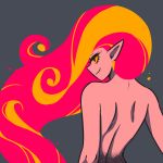  1girl akairiot back bare_back brenna_(akairiot) fiery_hair fire from_behind grey_background looking_to_the_side original pointy_ears red_eyes shoulder_blades simple_background smile smirk solo upper_body yellow_sclera 