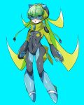  1girl :o bangs blue_background blue_eyes blue_footwear blue_gloves bodysuit boots breasts bright_pupils dewpider eyebrows_visible_through_hair eyes_visible_through_hair gen_7_pokemon gloves green_hair hair_between_eyes highres legs_apart long_hair long_sleeves momoshiro open_mouth personification pokemon quad_tails small_breasts solo turtleneck visor zipper_pull_tab 