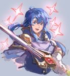  1boy blue_eyes blue_hair cape celice_(fire_emblem) fire_emblem fire_emblem:_seisen_no_keifu fire_emblem:_thracia_776 garmmy gloves headband holding holding_sword holding_weapon long_hair looking_at_viewer male_focus ponytail simple_background smile solo sword traditional_media tyrfing_(fire_emblem) watercolor_(medium) weapon 