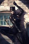  1girl animal_ears batman_(series) black_hair black_suit blue_eyes bodysuit breasts cat_ears catsuit catwoman dc_comics fake_animal_ears gloves goggles goggles_on_head lips looking_at_viewer mask shiny shiny_clothes short_hair solo stanley_lau wall whip 