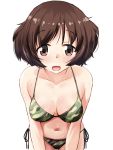  1girl akiyama_yukari bangs bikini breasts brown_eyes brown_hair camouflage camouflage_bikini collarbone commentary cowboy_shot eyebrows_visible_through_hair girls_und_panzer green_bikini katatsuka_kouji leaning_forward looking_at_viewer medium_breasts messy_hair open_mouth short_hair side-tie_bikini simple_background smile solo standing sweat swimsuit white_background 