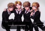  4boys blonde_hair blue_eyes earrings formal jewelry link looking_at_viewer loz_017 multiple_boys multiple_persona necktie open_mouth pointy_ears smile suit suit_jacket the_legend_of_zelda the_legend_of_zelda:_breath_of_the_wild the_legend_of_zelda:_ocarina_of_time the_legend_of_zelda:_skyward_sword the_legend_of_zelda:_twilight_princess 