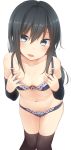  1girl :d asashio_(kantai_collection) bare_shoulders black_bra black_hair black_legwear black_panties blue_eyes blush bow bow_bra bow_panties bra breasts cleavage collarbone cowboy_shot detached_sleeves frilled_bra frilled_panties frills hair_between_eyes hand_on_own_chest head_tilt highres kantai_collection leaning_forward legs_together lingerie long_hair long_sleeves looking_at_viewer midriff nagami_yuu navel open_mouth panties small_breasts smile solo stomach thigh-highs transparent_background tsurime underwear underwear_only white_bow 