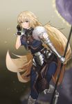  1girl absurdly_long_hair absurdres armor armored_boots asymmetrical_gloves bangs banner black_gloves blonde_hair blue_eyes blunt_bangs boots fate/apocrypha fate_(series) floating_hair fur_trim gauntlets gloves hair_ornament hand_in_hair highres holding jeanne_d&#039;arc_(fate) jeanne_d&#039;arc_(fate)_(all) jewelry leg_up long_hair looking_at_viewer necklace pants ponytail smile solo standing standing_on_one_leg very_long_hair 