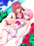  2girls beach bikini bow breasts cleavage clouds cloudy_sky collarbone day dress_swimsuit fate/grand_order fate_(series) flower glasses hair_flower hair_intakes hair_ornament hair_over_one_eye hibiscus large_breasts lavender_hair looking_at_viewer mash_kyrielight multiple_girls ocean pink_bikini pink_bow purple_bikini purple_hair red_eyes scathach_(fate/grand_order) scathach_(swimsuit_assassin)_(fate) shirotsumekusa short_hair sky smile swimsuit swimsuit_of_perpetual_summer violet_eyes white_swimsuit 