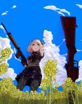 1girl 3f1n92k0 arm_behind_head battle_rifle blonde_hair clouds day flower fn_fal gloves gun holding holding_gun holding_weapon horns original outdoors pantyhose rifle sky solo weapon 