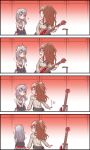  2girls 4koma :3 bang_dream! bangs black_skirt blush brown_hair center_frills comic earrings electric_guitar embarrassed grey_hair grey_sweater guitar guitar_stand half_updo hands_on_lap highres holding holding_instrument imai_lisa indoors instrument jewelry kyou_(user_gpks5753) long_hair long_sleeves looking_at_another minato_yukina motion_blur multiple_girls off-shoulder_sweater pendant ribbed_sweater silent_comic sitting skirt sweatdrop sweater trembling white_neckwear 