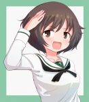  1girl :d akiyama_yukari bangs black_neckwear blouse brown_eyes brown_hair commentary eyebrows_visible_through_hair girls_und_panzer green_border kemu_(guruguru_dan) long_sleeves looking_at_viewer messy_hair neckerchief ooarai_school_uniform open_mouth salute school_uniform serafuku short_hair smile solo upper_body white_blouse 