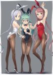  3girls ahoge animal_ears bangs black_footwear black_leotard black_neckwear blue_eyes bow bowtie braid breasts brown_legwear bunny_tail bunnysuit cleavage detached_collar full_body gahaku green_eyes green_hair grey_background hair_between_eyes hair_ornament hair_ribbon hair_tie hairband hairclip high_heels kantai_collection kawakaze_(kantai_collection) leotard long_hair looking_at_viewer low_twintails medium_breasts mole mole_under_eye multiple_girls pantyhose parted_bangs ponytail rabbit_ears red_footwear red_leotard red_neckwear redhead ribbon sidelocks silver_hair simple_background standing strapless strapless_leotard tail twintails umikaze_(kantai_collection) very_long_hair white_footwear white_leotard white_neckwear wrist_cuffs yamakaze_(kantai_collection) 