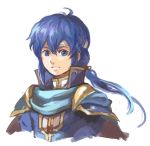  1boy blue_eyes blue_hair cape celice_(fire_emblem) fire_emblem fire_emblem:_seisen_no_keifu fire_emblem:_thracia_776 garmmy headband long_hair looking_at_viewer male_focus ponytail portrait simple_background smile solo traditional_media watercolor_(medium) white_background 
